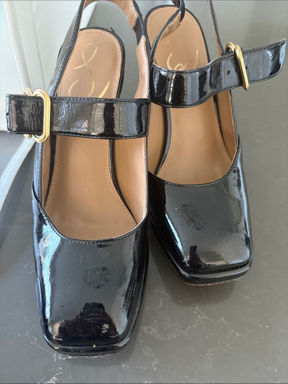 Sam Edelman Black Patent Mary Jane Heels with Gold Buckles
